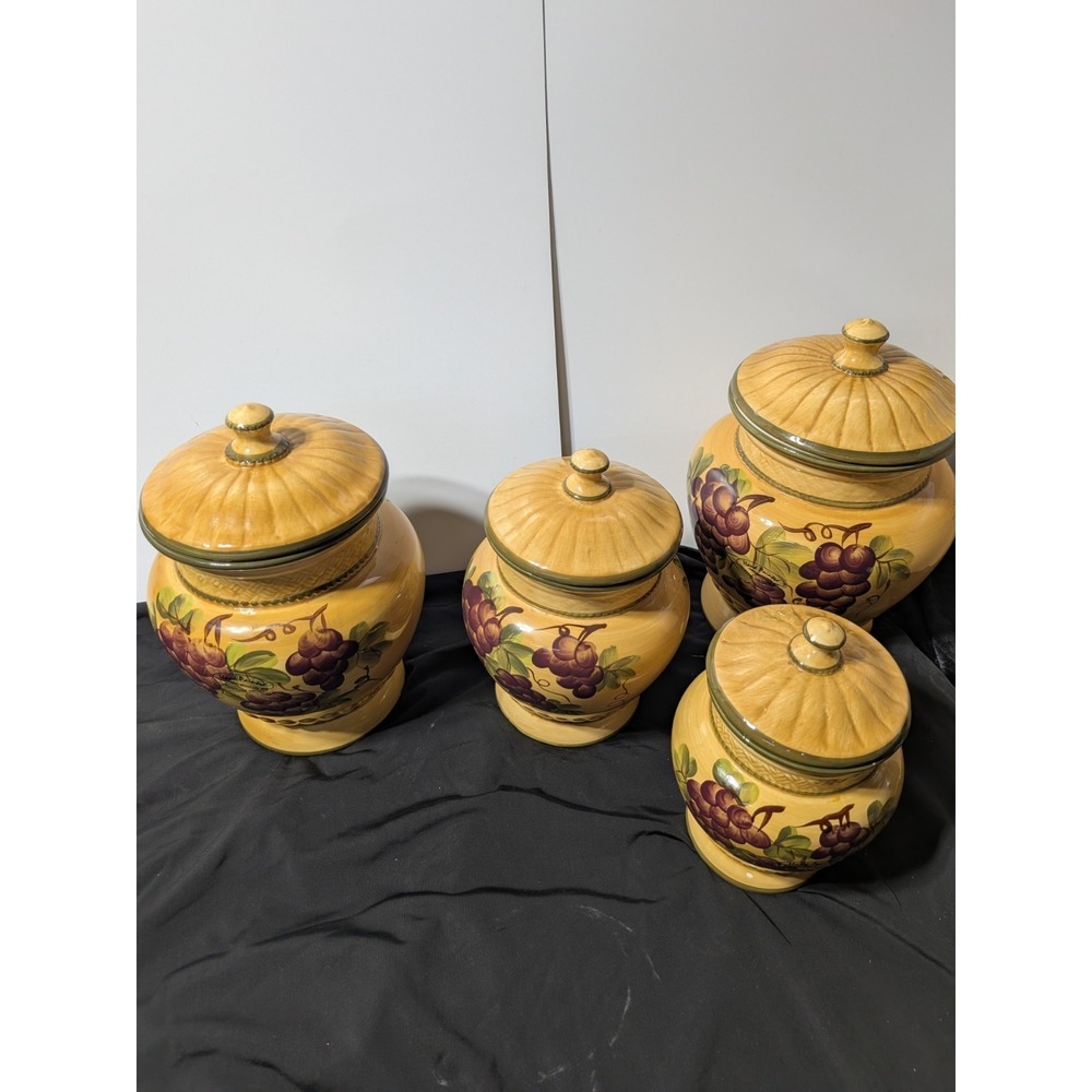 Casa Vero By ACK Grape Pattern Canisters  Set Of Four Hand Painted Gold Glaze